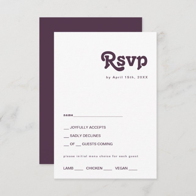 Modern Retro | Dark Purple Menu Choice RSVP Card (Front/Back)