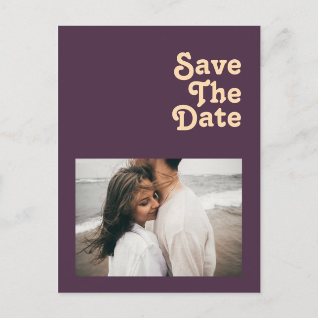 Modern Retro | Dark Purple Photo Save The Date Invitation Postcard (Front)