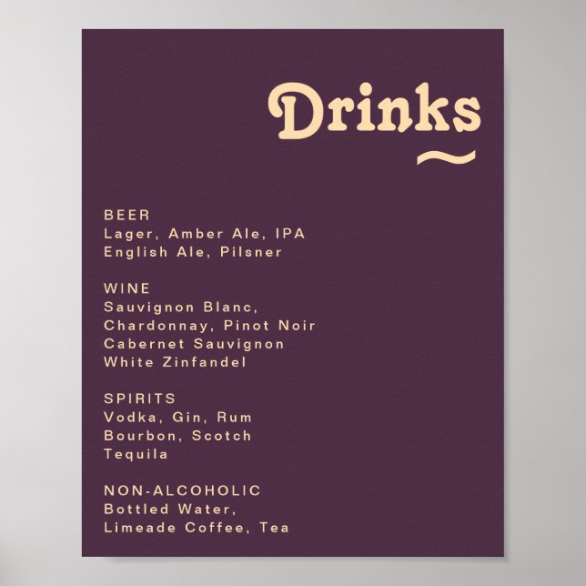 Modern Retro Dark Purple Wedding Drinks Menu Sign (Front)