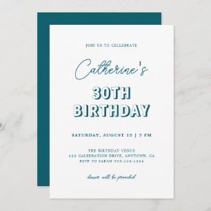 Modern Retro Dark Teal 30th Birthday Party Invitation