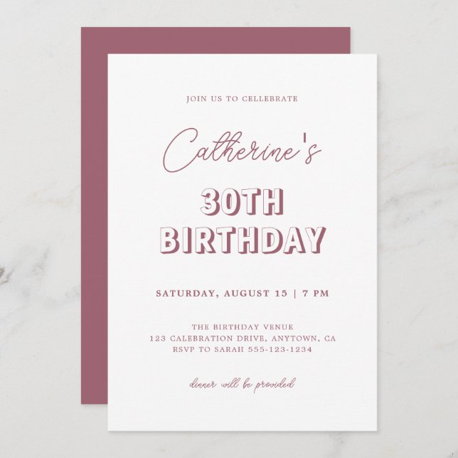 Modern Retro Dusty Rose 30th Birthday Party Dark Invitation (Front/Back)