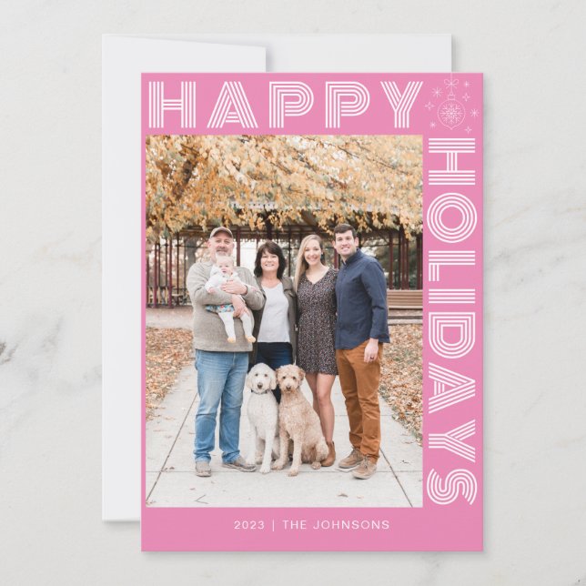 Modern Retro Elegant One Photo Custom Pink Holiday Card (Front)