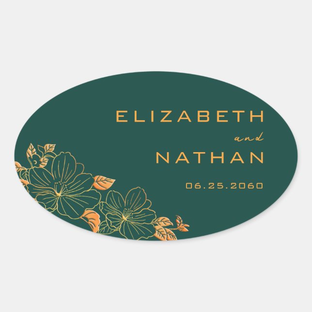 Modern Retro Emerald Green Gold Floral Wedding Oval Sticker (Front)