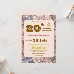 Modern retro floral 20th birthday party Purple Invitation