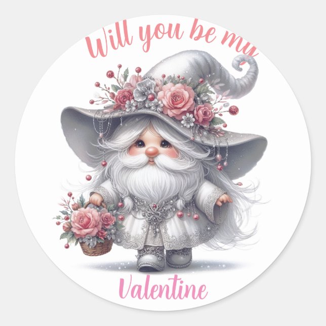 Modern retro floral basket cute valentine gnome classic round sticker (Front)