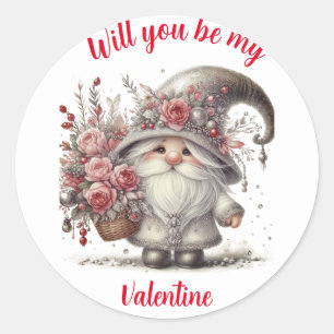 Modern retro floral basket cute valentine gnome classic round sticker