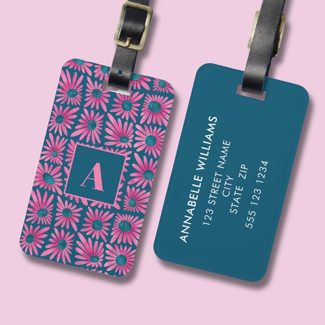 Modern retro floral block print luggage tag (Modern retro floral luggage tag with pink daisy block print pattern. Add own details to the back.)