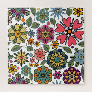 Modern Retro Floral Drawing Seamless Pattern Art Jigsaw Puzzle