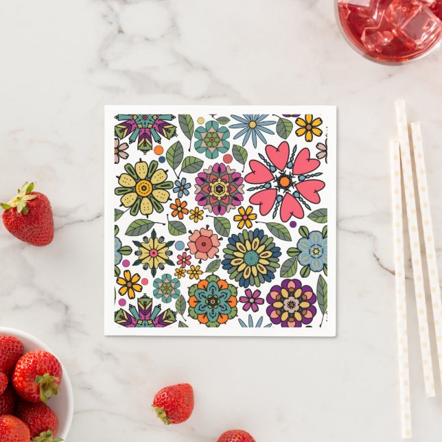 Modern Retro Floral Drawing Seamless Pattern Art  Napkin (Insitu)