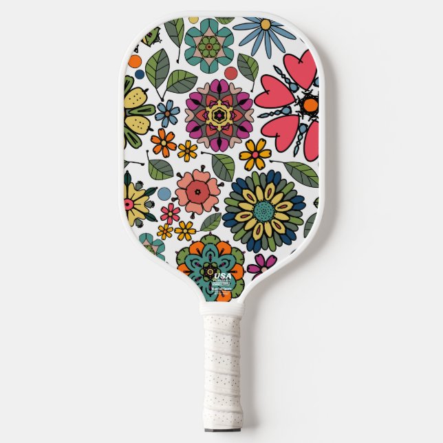 Modern Retro Floral Drawing Seamless Pattern Art Pickleball Paddle (Front)