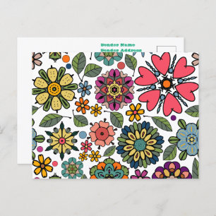 Modern Retro Floral Drawing Seamless Pattern Art Postcard