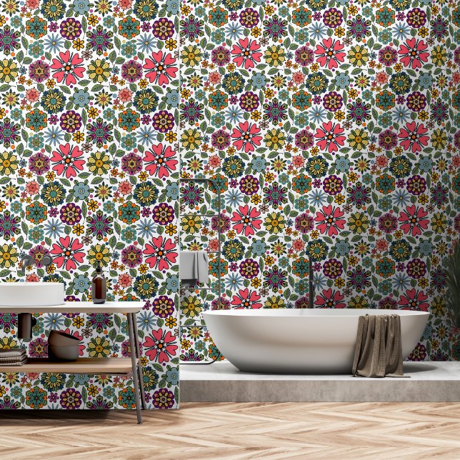 Modern Retro Floral Drawing Seamless Pattern Art Wallpaper (Bathroom)