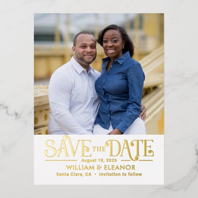 Modern Retro FOIL Save The Date Postcard (Front)