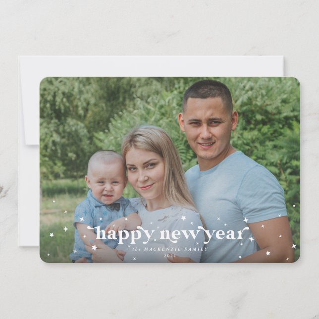 Modern Retro Font+Stars Happy New Year Photo Card (Front)