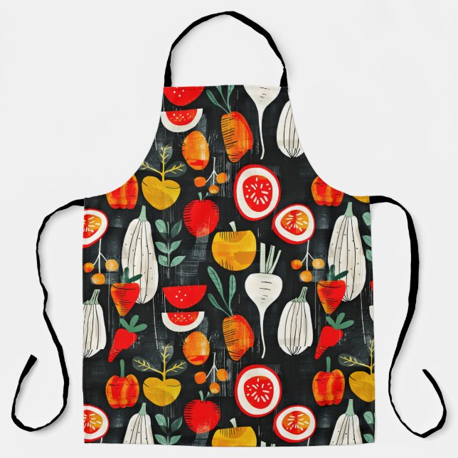 Modern Retro Fruit and Veg on Black Pattern Apron (Front)