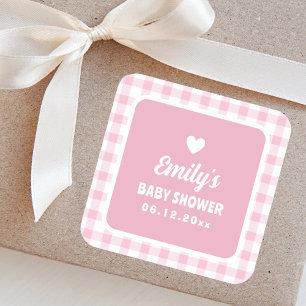 Modern Retro Girly Pink Gingham Girl Baby Shower Square Sticker