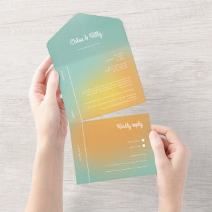 Modern Retro Gradient Mint Orange RSVP Wedding All In One Invitation