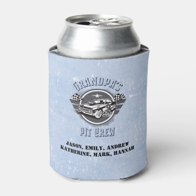 Modern Retro Grandpa's Pit Crew Racing Car Can Cooler (Can Front)