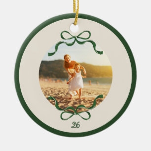 Modern Retro Green Vintage Bows Christmas photo Ceramic Ornament