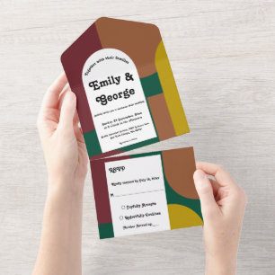 Modern Retro Groovy 70s Colourful Abstract Wedding All In One Invitation