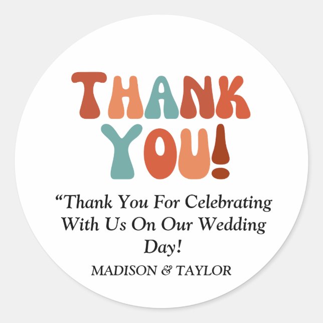 Modern Retro Groovy Colourful Custom Wedding Favou Classic Round Sticker (Front)
