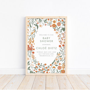 Modern Retro Groovy Floral Baby Shower Poster