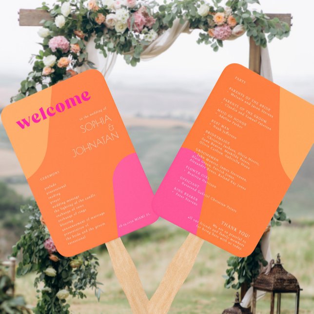 Modern retro groovy pink orange wedding program hand fan (Creator Uploaded)