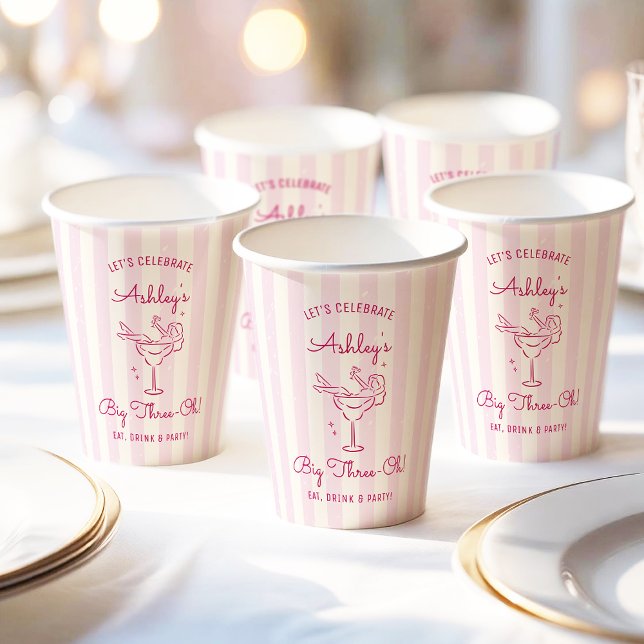 Modern Retro Hand Drawn Cocktail 30th Birthday Paper Cups (Elegant pink stripe hand drawn cocktail glass paper party cup)
