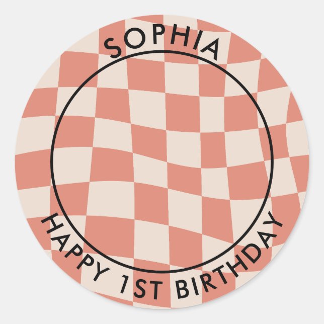 Modern Retro Happy 1st Birthday Photo check Classic Round Sticker (Front)
