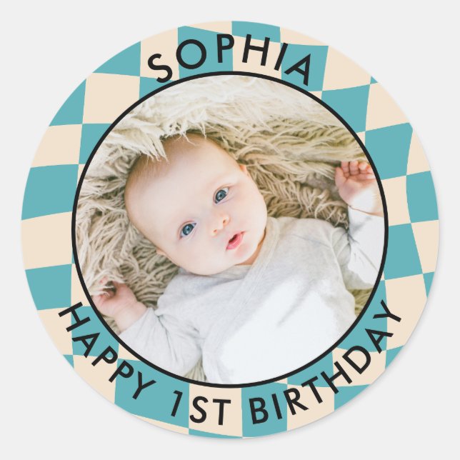 Modern Retro Happy 1st Birthday Photo check Classic Round Sticker (Front)