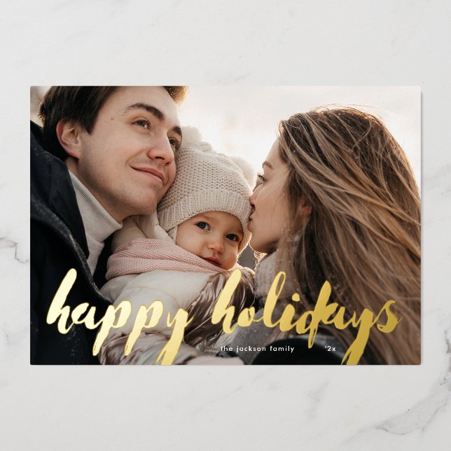 Modern Retro Happy Holidays Gold Christmas Photo Foil Holiday Card (Front)