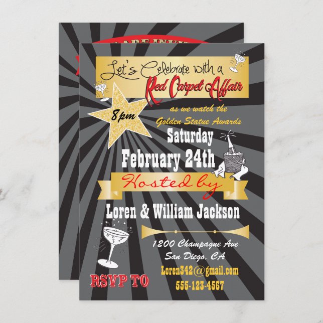 Modern retro Hollywood Red Carpet Party Invitation (Front/Back)