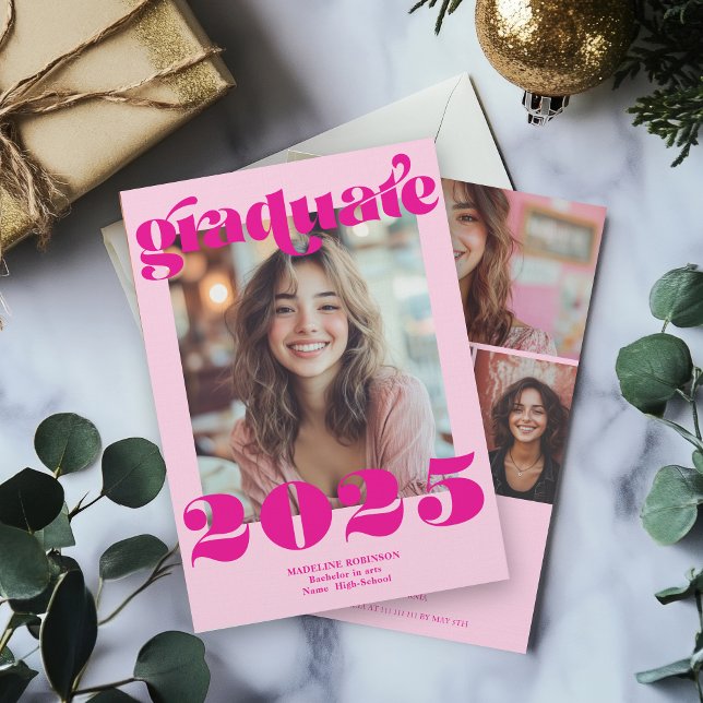 Modern Retro Hot Pink 4 Photo Graduation Invitation (Modern Retro Hot Pink 4 Photo Graduation Invitation)