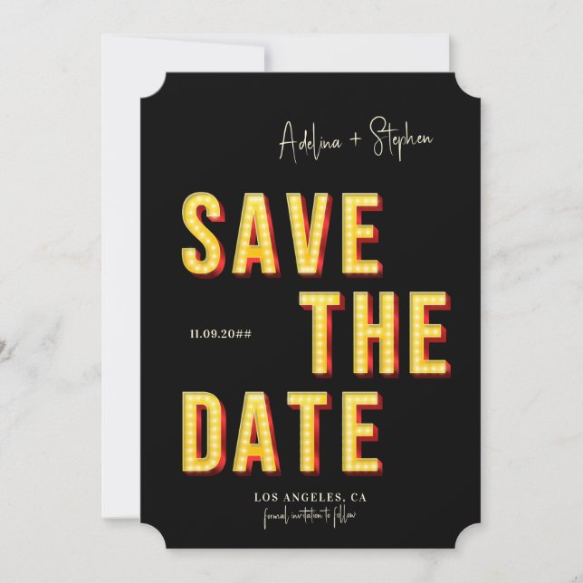 Modern Retro Light Marquee Broadway Style Photo Save The Date (Front)
