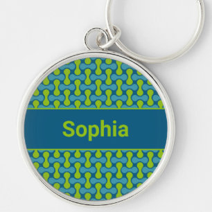Modern Retro Link Pattern in Blue and Green Key Ring