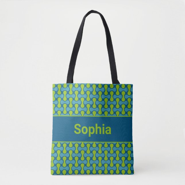 Modern Retro Link Pattern in Blue and Green Tote Bag (Front)