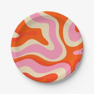 Modern Retro Liquid Swirl Abstract Pattern Pink Paper Plate