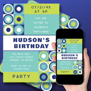 Modern Retro Mens Birthday Any Age Bold Blue Green Invitation