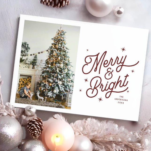 Modern Retro Merry and Bright Family Photo Script Holiday Card (Creator Uploaded)