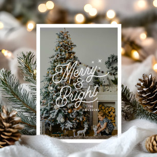 Modern Retro Merry and Bright Stars Family Photo Holiday Card