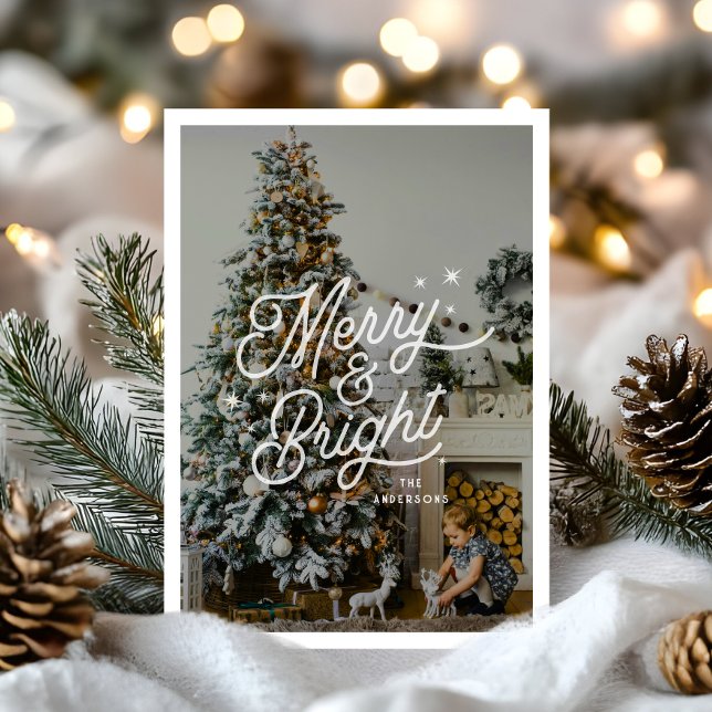 Modern Retro Merry and Bright Stars Family Photo Holiday Card (Creator Uploaded)