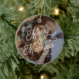 Modern Retro Merry and Married Photo Bold Script  Ceramic Ornament