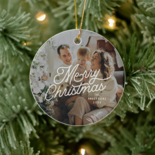 Modern Retro Merry Christmas Photo Bold Script  Ceramic Ornament