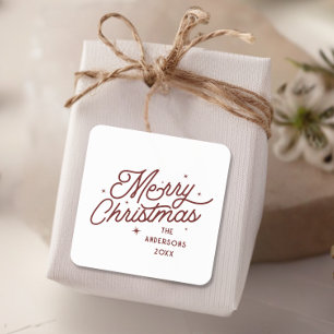 Modern Retro Merry Christmas Script   Cherry Red  Square Sticker