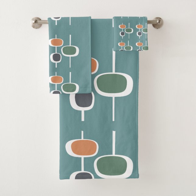 Modern retro mid century stylish cute blue green   bath towel set (Insitu)