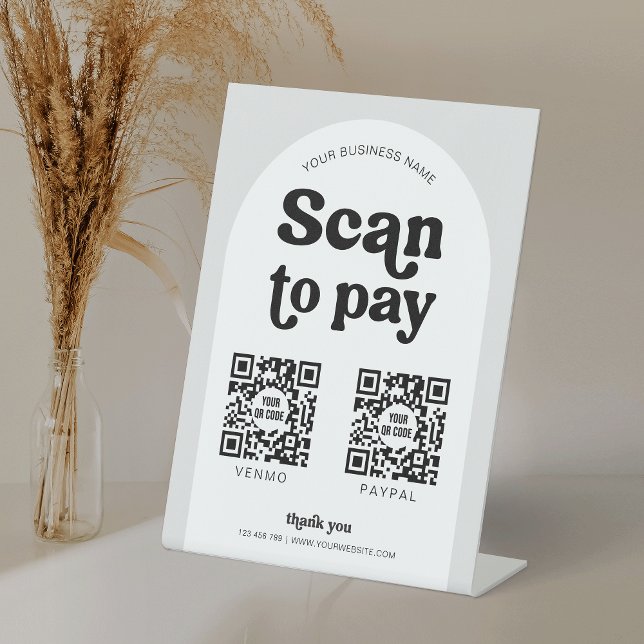 Modern Retro Minimal Scan to Pay 2 QR Code Payment Pedestal Sign (Scan to Pay sign with space for 2 QR codes in a retro style minimal design)