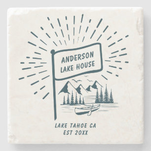 Modern Retro Nautical Family Lake House Navy Blue Stone Coaster