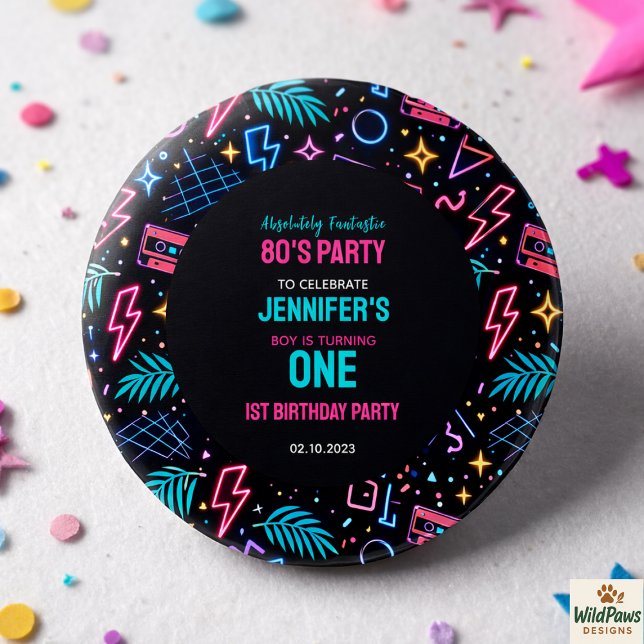 Modern Retro Neon 80’s 1st Birthday Party 3 Cm Round Badge (Modern Retro Neon 80’s 1st Birthday Party Button)