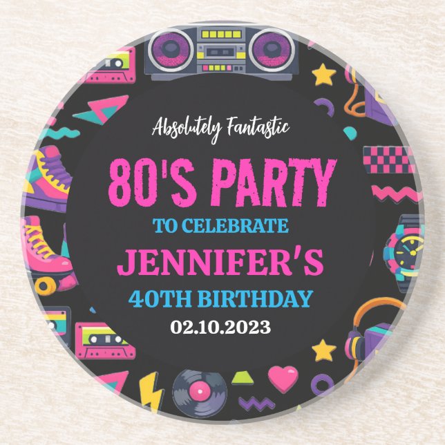 Modern Retro Neon 80’s Birthday Party for Adults Coaster (Front)