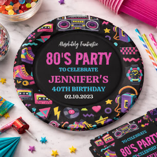 Modern Retro Neon 80’s Birthday Party for Adults Paper Plate